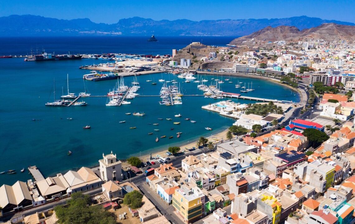 Aerial view of Laginha beach in Mindelo city in Sao Vicente Island in Cape Verde