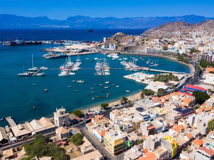 Aerial view of Laginha beach in Mindelo city in Sao Vicente Island in Cape Verde